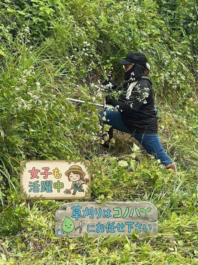 草刈りの作業と「草刈りはコノハにお任せ下さい」の看板